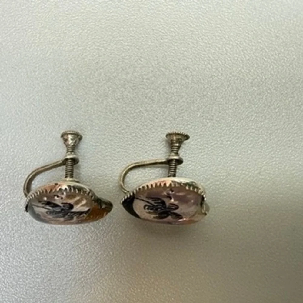 Vintage Sterling Silver Morpho Butterfly Wing Heart Screw Back Earring Palm Tree